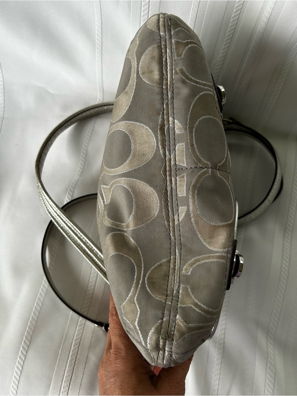 Coach Poppy Crossbody Shoulder Bag Gray Beige Sateen Silver Leather Buckles Pink - Picture 7 of 16